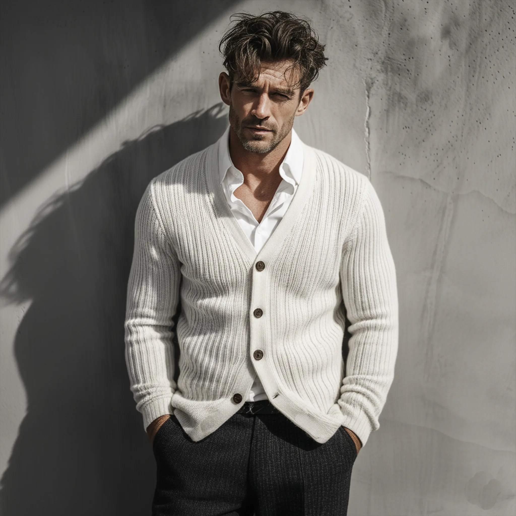 Men's Classic Casual White Slim Fit Knit Cardigan MTA2845J7K sold by Manly product image thumbnail 2