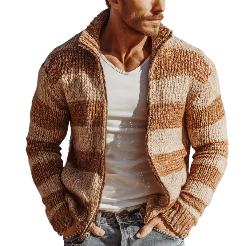 Men's Classic Casual Stand-up Collar Contrast Color Horizontal Stripes Slim Zipper Cardigan MTA2726J7K sold by Manly