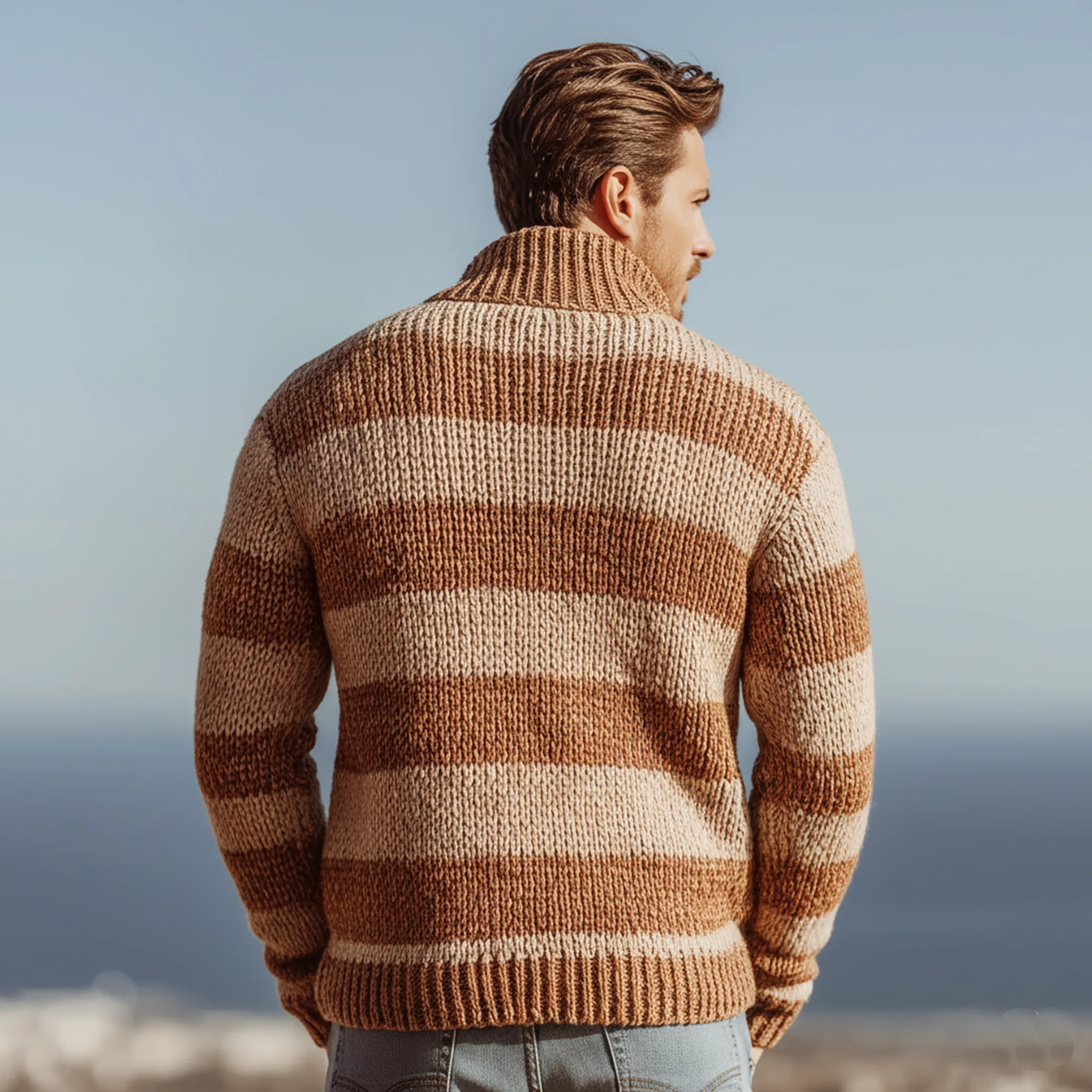 Men's Classic Casual Stand-up Collar Contrast Color Horizontal Stripes Slim Zipper Cardigan MTA2726J7K sold by Manly product image thumbnail 4