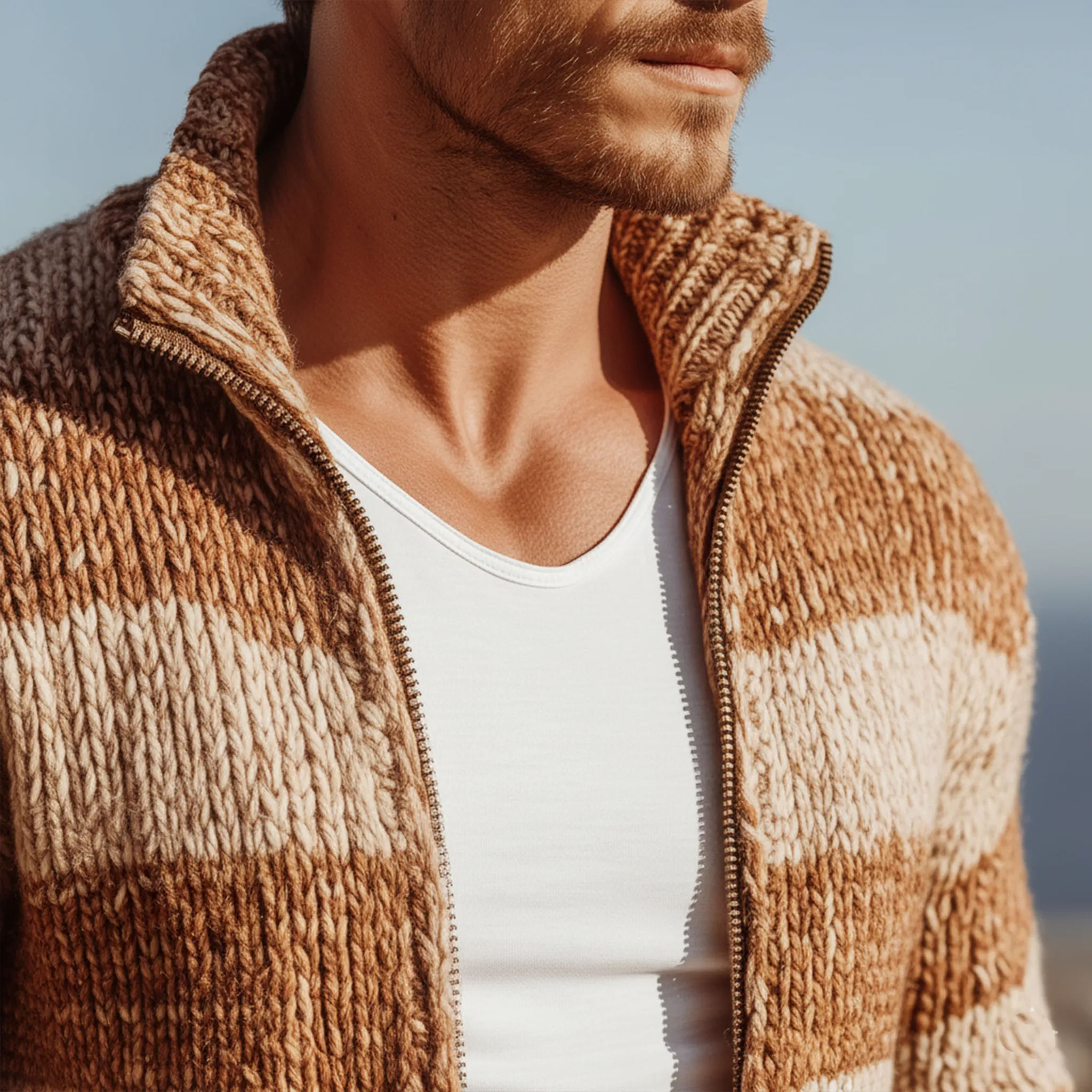 Men's Classic Casual Stand-up Collar Contrast Color Horizontal Stripes Slim Zipper Cardigan MTA2726J7K sold by Manly product image thumbnail 5