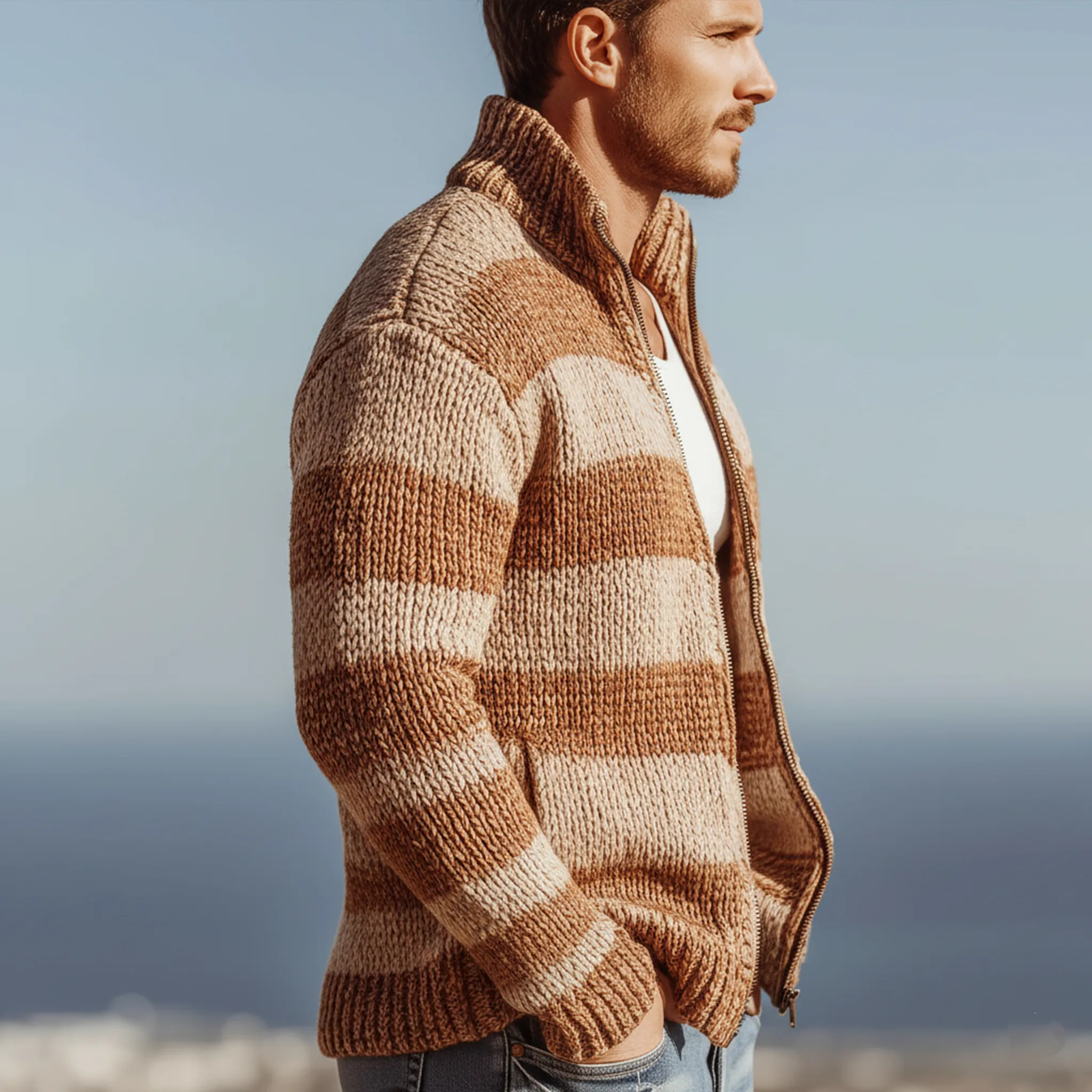 Men's Classic Casual Stand-up Collar Contrast Color Horizontal Stripes Slim Zipper Cardigan MTA2726J7K sold by Manly product image thumbnail 3