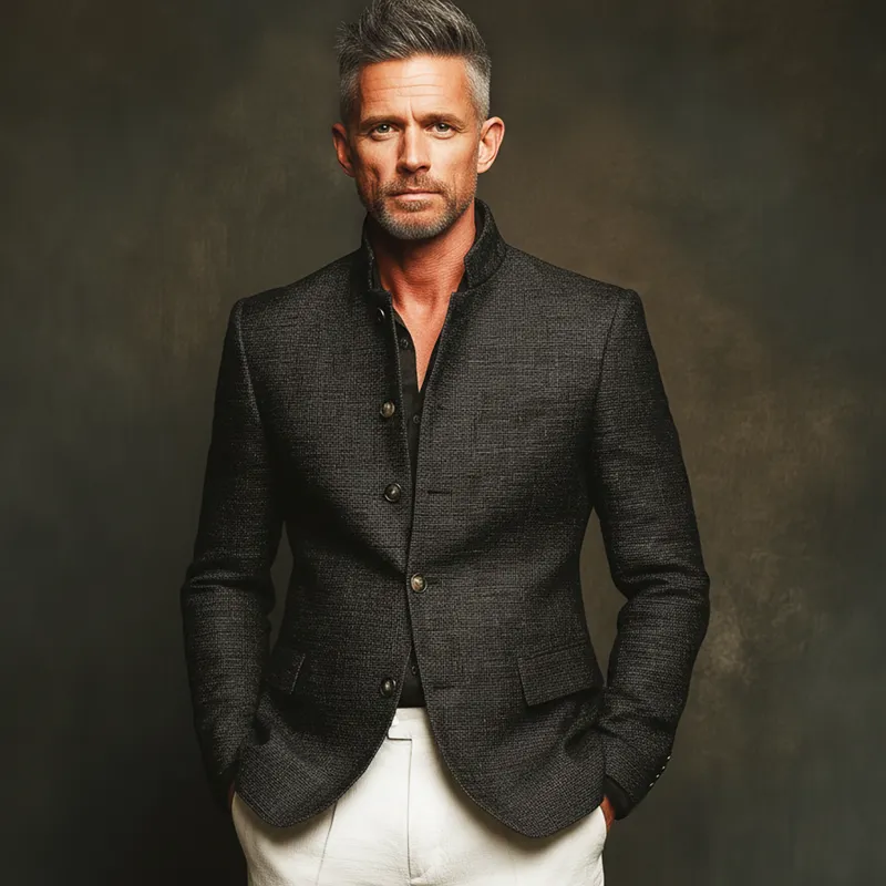 Men's Classic Textured Stand Collar Single-breasted Slim-fit Jacket MTA2804J9U sold by Manly product image thumbnail 2