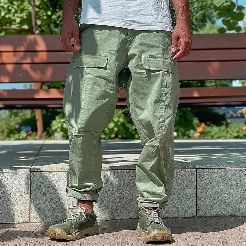 Men's Solid Cotton Multi-pocket Straight Loose Cargo Pants 71552456Z sold by Manly product image thumbnail 2