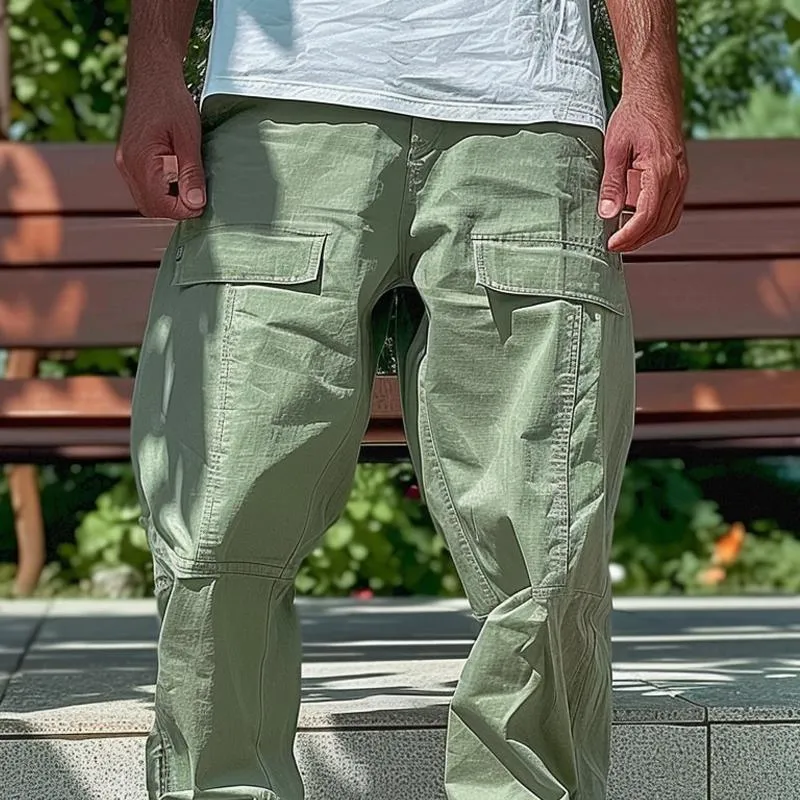 Men's Solid Cotton Multi-pocket Straight Loose Cargo Pants 71552456Z sold by Manly product image thumbnail 3