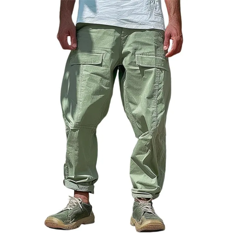 Men's Solid Cotton Multi-pocket Straight Loose Cargo Pants 71552456Z sold by Manly