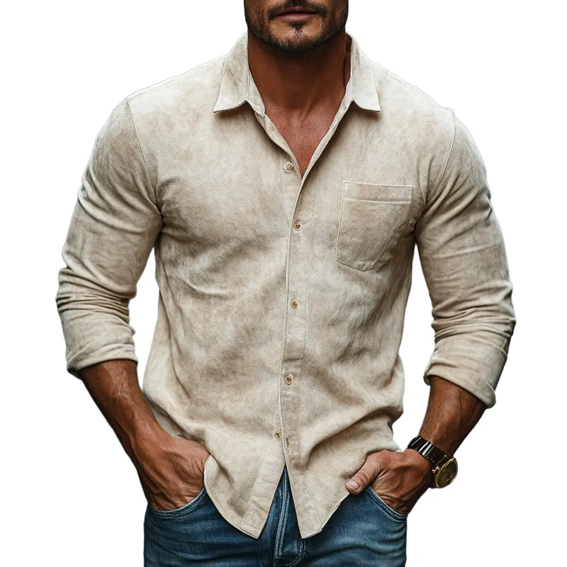 Men's Vintage Faux Suede Casual Lapel Long Sleeve Shirt MTA2704J5X sold by Manly