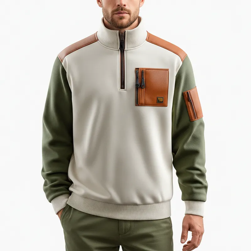 Men's Fashion PU Faux Leather Patch Half Zip Turtleneck Sweatshirt MTA2719J4P sold by Manly product image thumbnail 2