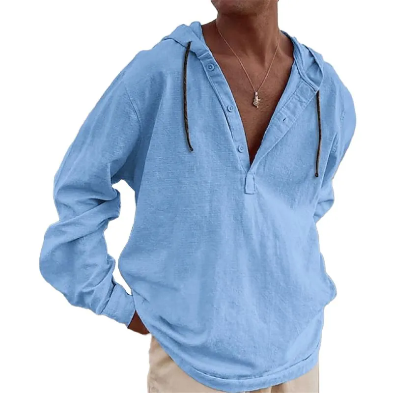 Men's Solid Cotton And Linen Hooded Long Sleeve Shirt 58250569Z sold by Manly