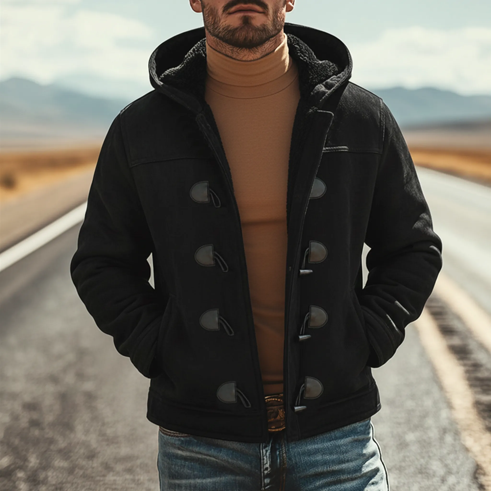 Men's Classic Retro Hooded Fleece Lined Horn Button Faux Suede Jacket MTA0197K1K sold by Manly product image thumbnail 2