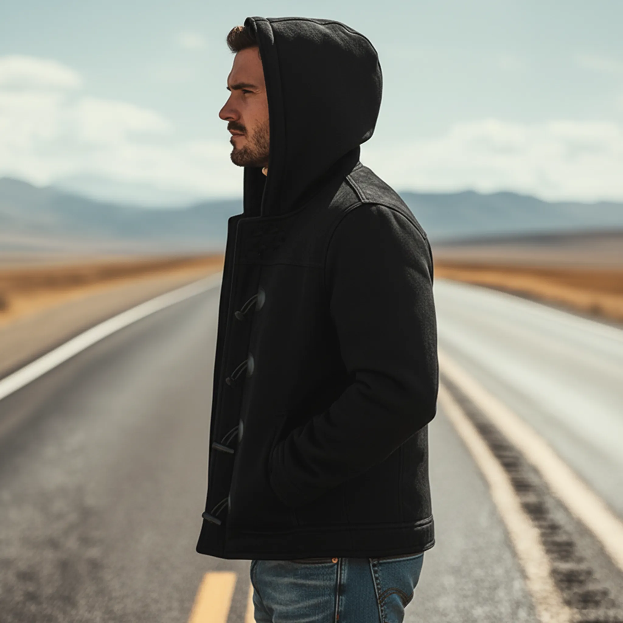 Men's Classic Retro Hooded Fleece Lined Horn Button Faux Suede Jacket MTA0197K1K sold by Manly product image thumbnail 3