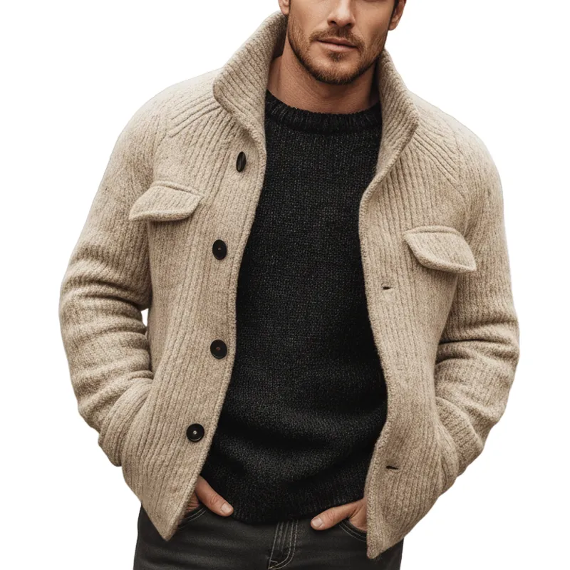 Men's Classic Light Khaki Stand-up Collar Button-down Knit Cardigan MTA3180J4U sold by Manly