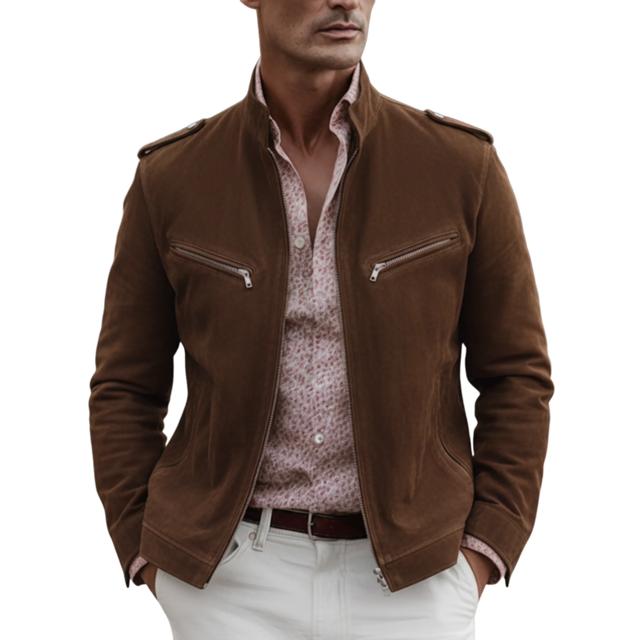 Men's Classic Retro Stand-up Collar Epaulette Multi-pocket Faux Suede Jacket MTA0126K4K sold by Manly