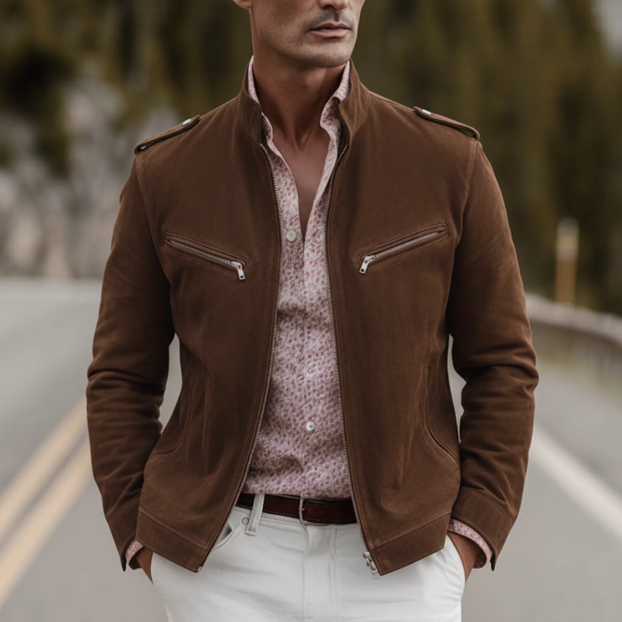 Men's Classic Retro Stand-up Collar Epaulette Multi-pocket Faux Suede Jacket MTA0126K4K sold by Manly product image thumbnail 2