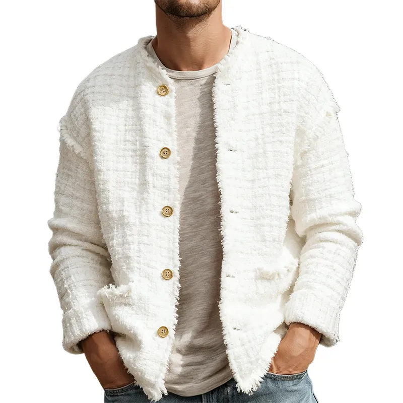 Men's Retro Casual Tweed Collarless Button-Down Jacket MTA0172K8TO sold by Manly