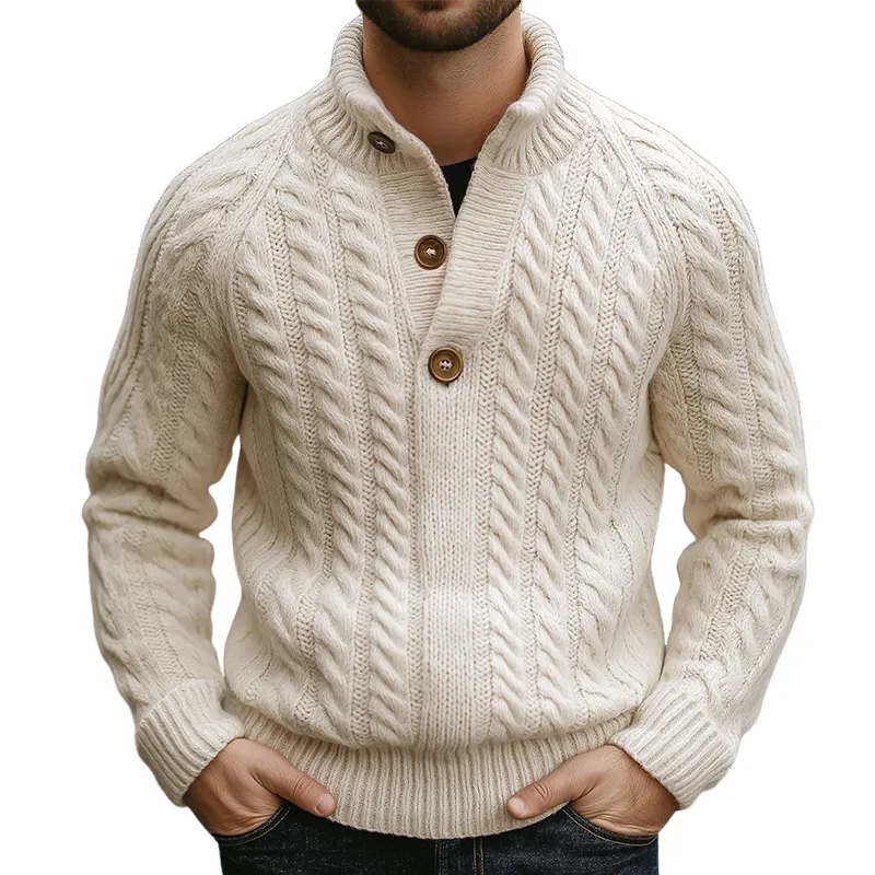 Men's Retro Casual Cable Knit Button-Up Collar Pullover Sweater MTA3053J6TO sold by Manly