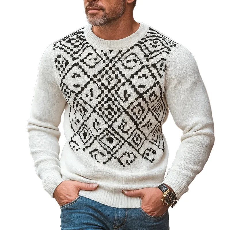 Men's Retro Simple Knitted Jacquard Cotton Yarn Crew Neck Sweater MTA3098J3P sold by Manly