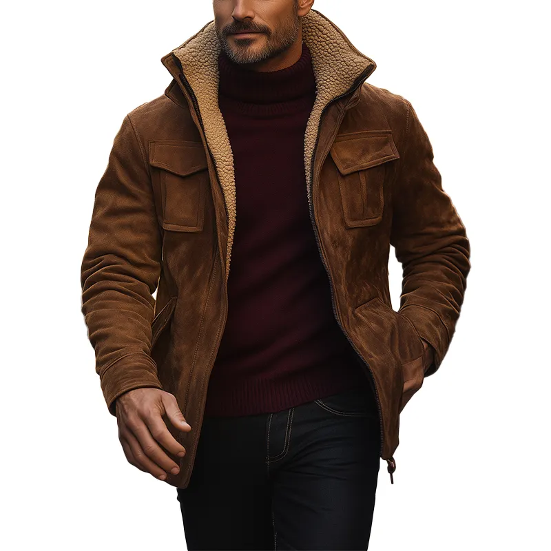 Men's Winter Retro Faux Suede Fleece Lined High-Neck Warm Jacket MTA0108K1P sold by Manly