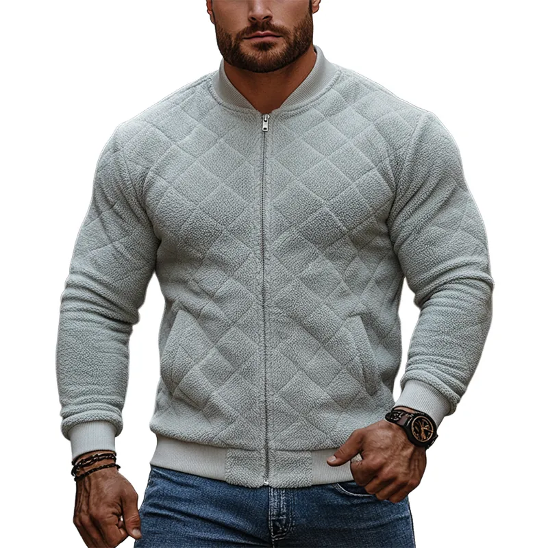 Men's Solid Color Fleece Quilted Baseball Collar Jacket MTA0124K8X sold by Manly