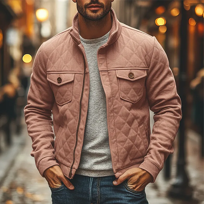 Men's Solid Color Cotton Blend Quilted Stand Collar Zip-up Jacket MTA0119K0X sold by Manly product image thumbnail 3