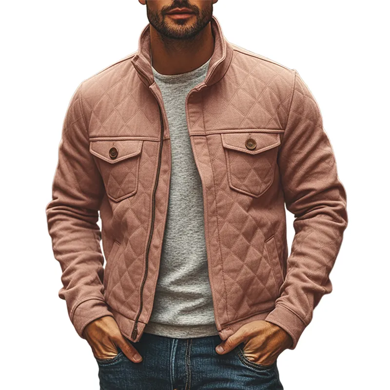 Men's Solid Color Cotton Blend Quilted Stand Collar Zip-up Jacket MTA0119K0X sold by Manly