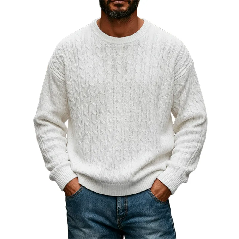 Men's Retro Solid Color Cable Knit Crew Neck Long Sleeve Sweater MTA0198K3X sold by Manly