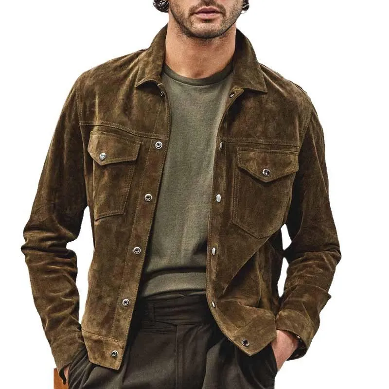 Men's Solid Color Suede Lapel Single Breasted Casual Jacket 55861346Z sold by Manly