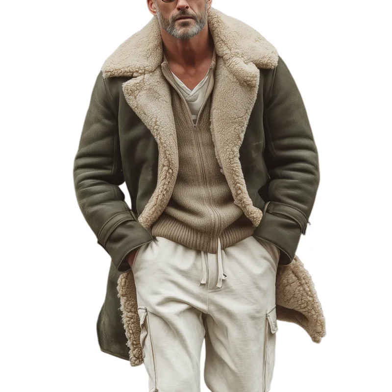 Men's Classic Retro Patchwork Fleece Lining Single-breasted Lapel Faux Suede Coat MTA3042J4K sold by Manly