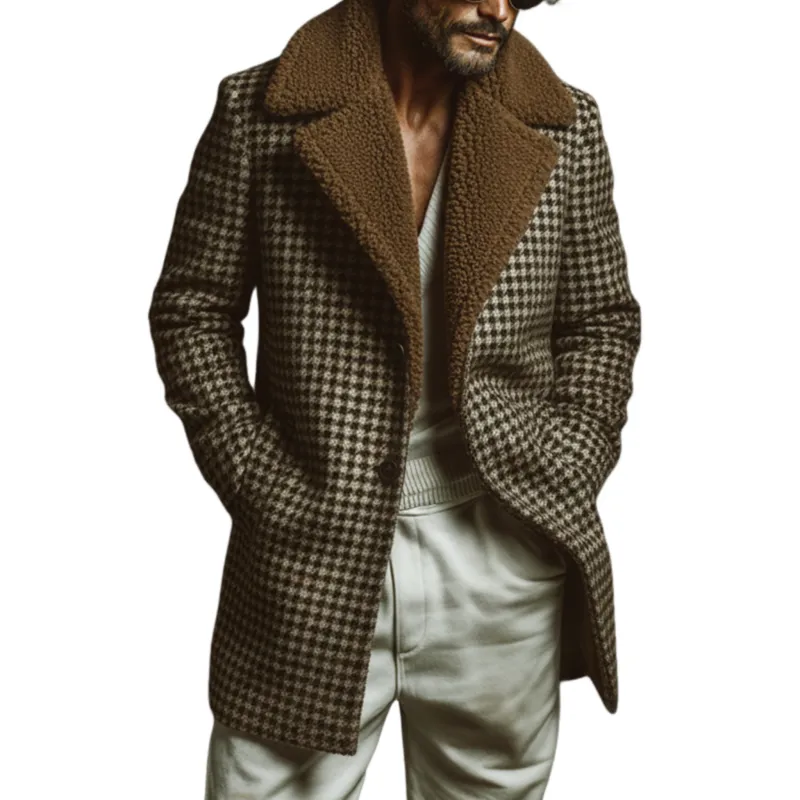 Men's Classic Retro Fleece Lapel Faux Houndstooth Wool Blend Thigh-length Coat MTA3152J1K sold by Manly