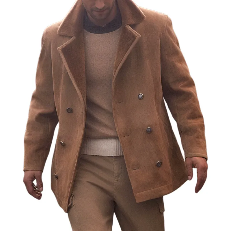 Men's Classic Retro Patchwork Fleece Lined Double-Breasted Lapel Faux Suede Jacket MTA3118J0K sold by Manly