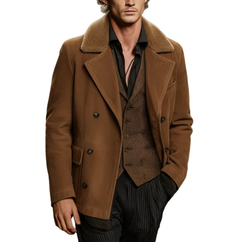 Men's Classic Retro Fleece Lapel Double-Breasted Faux Suede Jacket MTA3192J8K sold by Manly