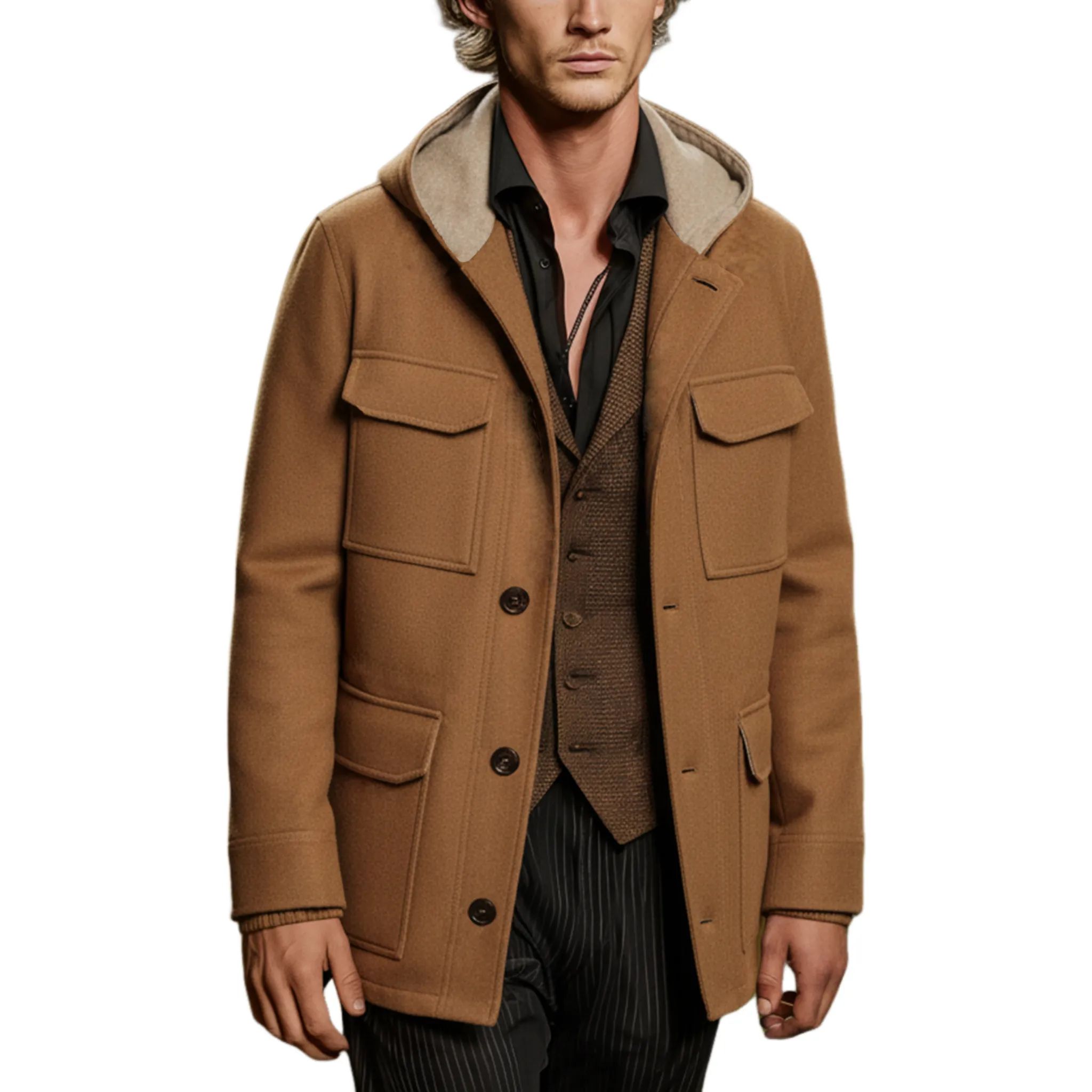 Men's Classic Retro Hooded Multi-pocket Faux Wool Jacket MTA3181J1K sold by Manly