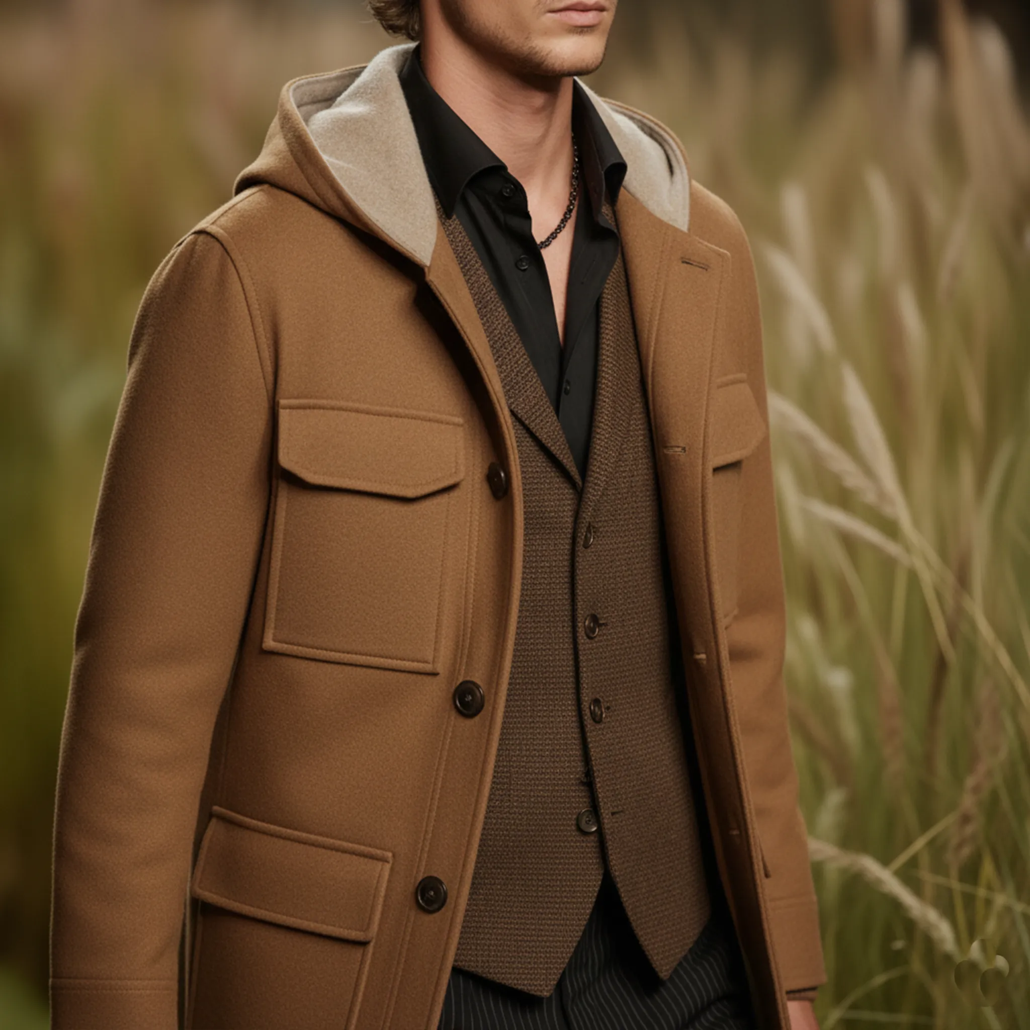 Men's Classic Retro Hooded Multi-pocket Faux Wool Jacket MTA3181J1K sold by Manly product image thumbnail 5