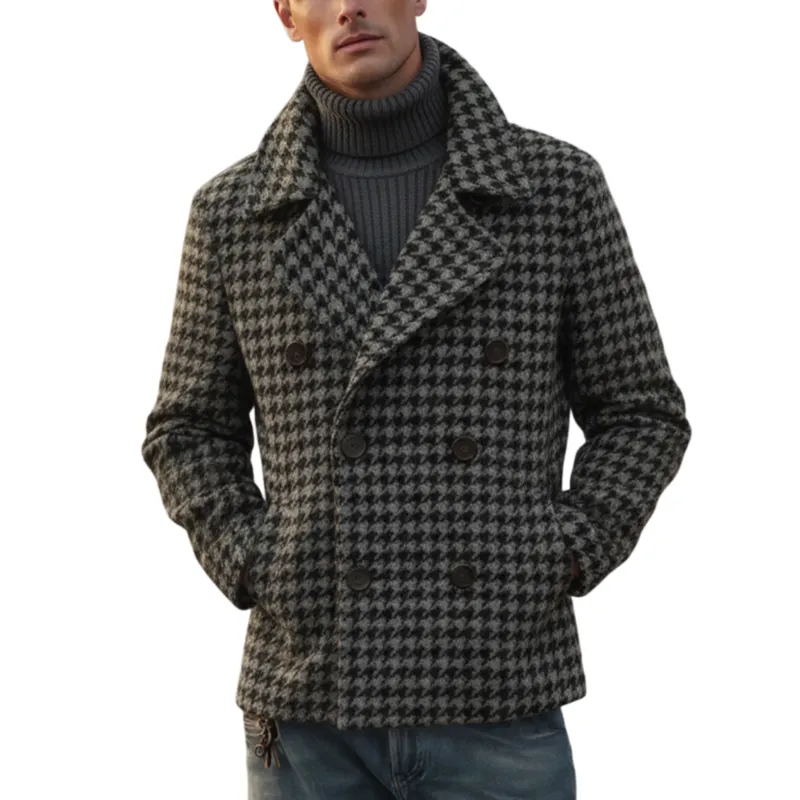 Men's Classic Retro Lapel Double-breasted Faux Houndstooth Wool Jacket MTA3139J3K sold by Manly