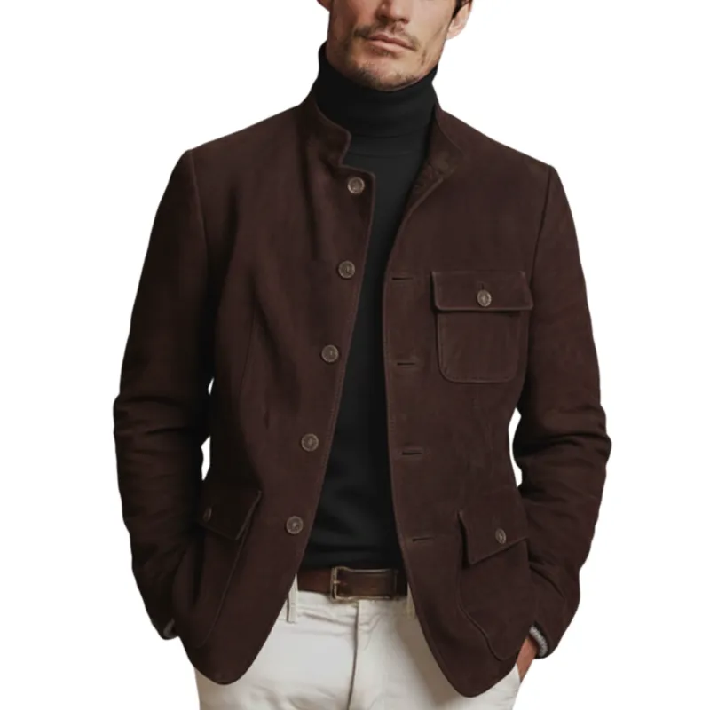 Men's Classic Retro Stand-up Collar Single-breasted Faux Suede Jacket MTA3155J5K sold by Manly