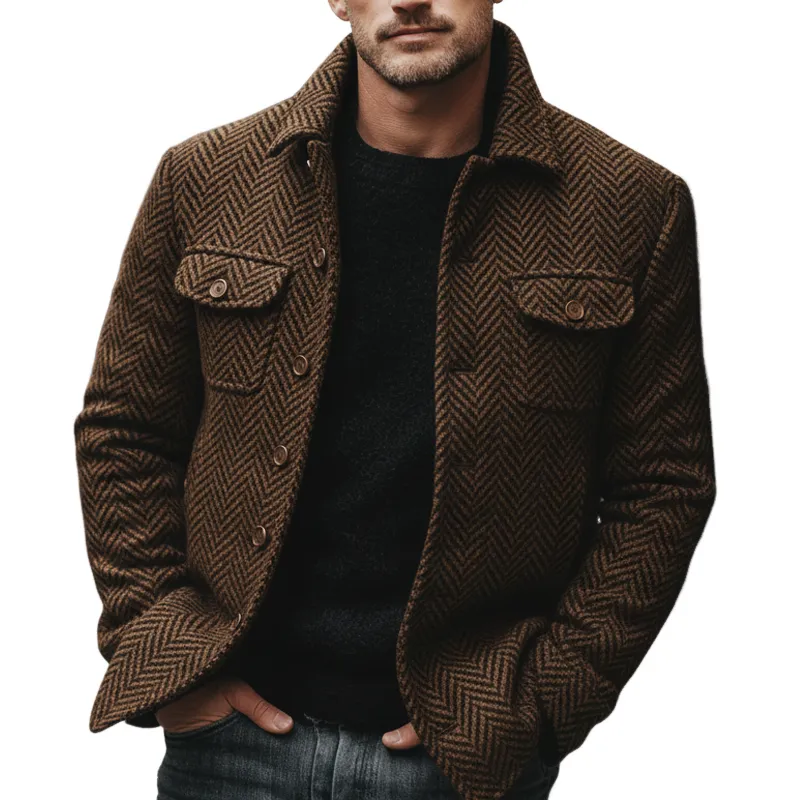 Men's Retro Brown Classic Herringbone Lapel Faux Wool Jacket MTA3171J1U sold by Manly