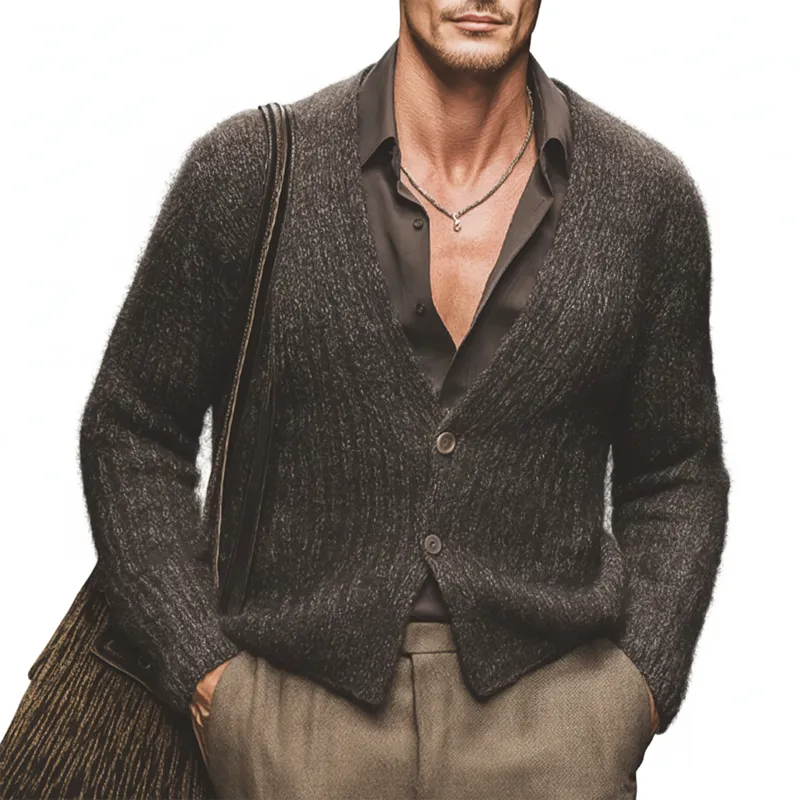 Men's Retro Gray-Brown V-Neck Slim Fit Knit Cardigan MTA3071J8U sold by Manly