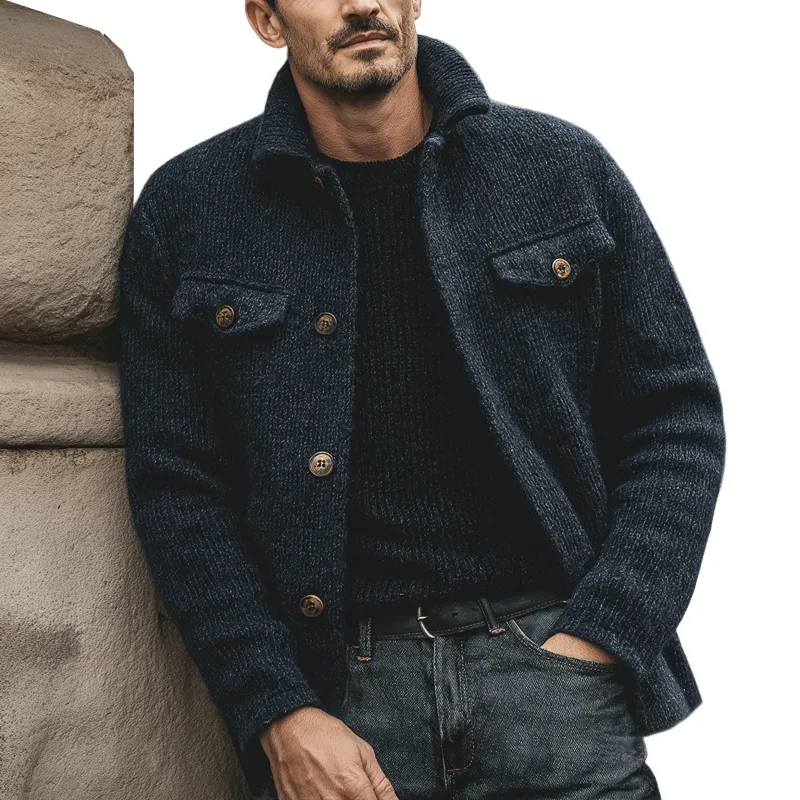 Men's Retro Navy Blue Stand Collar Button Knit Cardigan MTA3194J2U sold by Manly