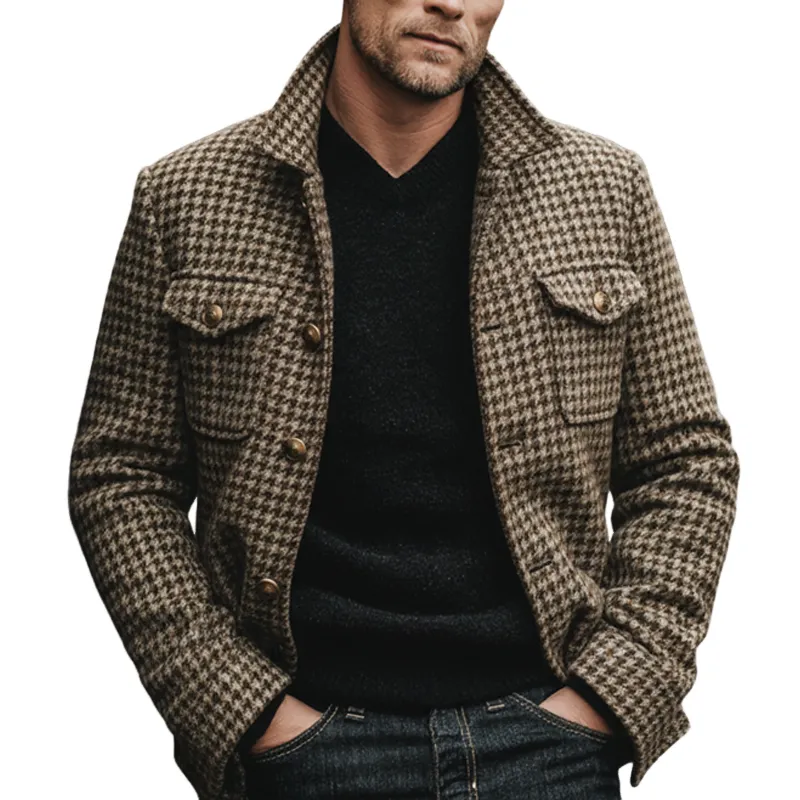 Men's Retro Classic Houndstooth Lapel Faux Wool Jacket MTA3100J0U sold by Manly