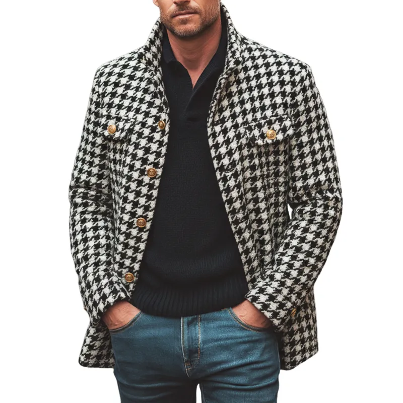 Men's Retro Classic Houndstooth Stand Collar Single Vent Faux Wool Jacket MTA3158J6U sold by Manly