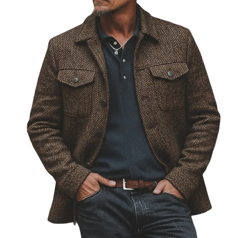 Men's Retro Classic Herringbone Lapel Single Vent Faux Wool Jacket MTA3141J6U sold by Manly