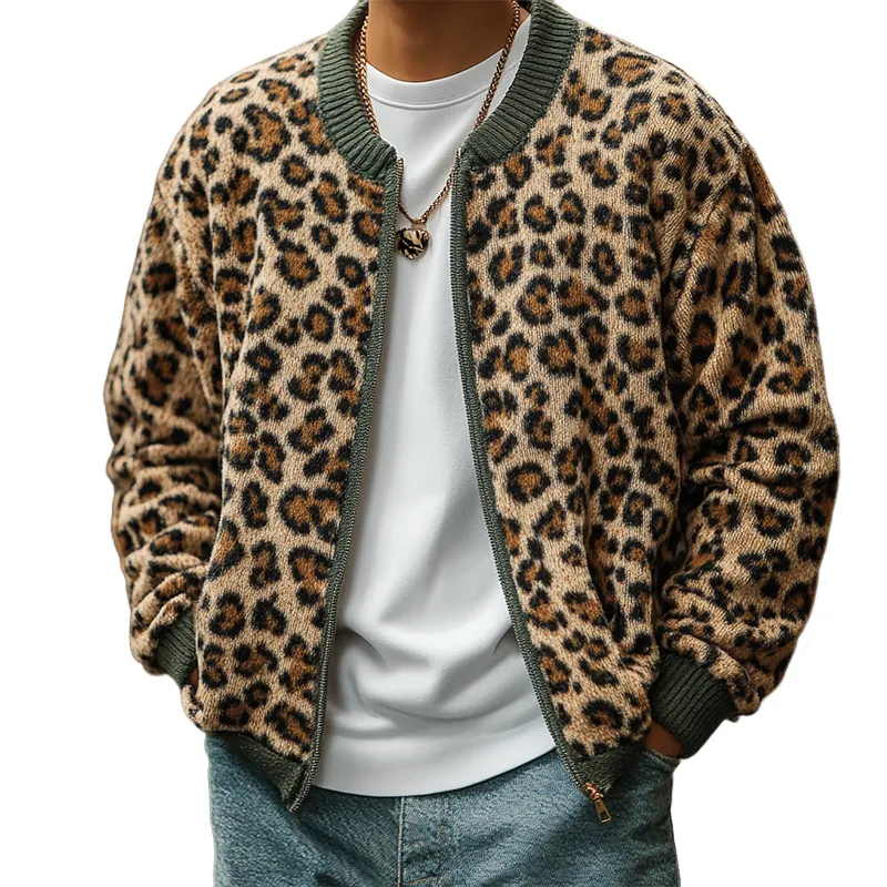 Men's Casual Leopard Print Jacquard Crew Neck Knit Cardigan MTA3072J3X sold by Manly