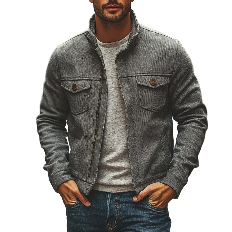 Men's Fine-textured Stand-up Collar Solid Color Zip-up Jacket MTA3016J4X sold by Manly