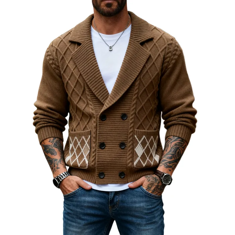 Men's Knitted Diamond Jacquard Textured Collar Cardigan MTA2930J0X sold by Manly
