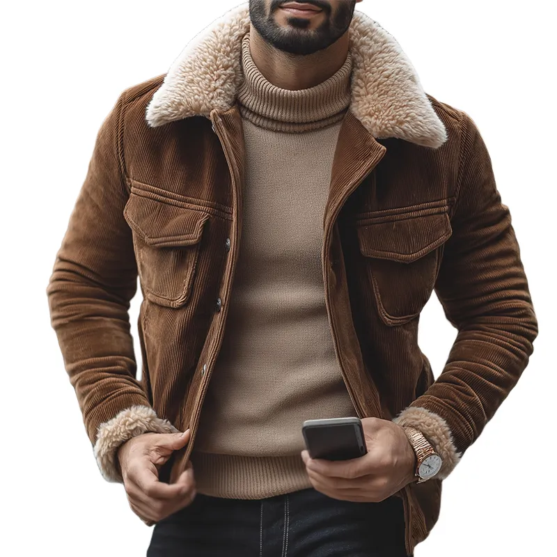 Men's Retro Casual Corduroy Warm Lapel Button Jacket MTA3048J7TO sold by Manly