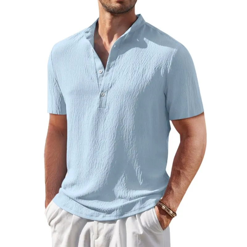 Men's Casual Stand Collar Cotton Linen Slim Short Sleeve Shirt 83863443M sold by Manly