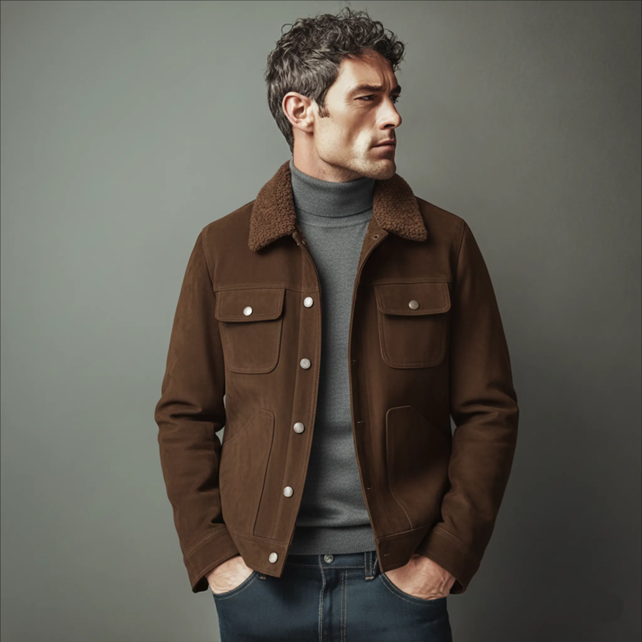 Men's Classic Light Business Fleece Collar Multi-Pocket Faux Suede Jacket MTA0136K8K sold by Manly product image thumbnail 2