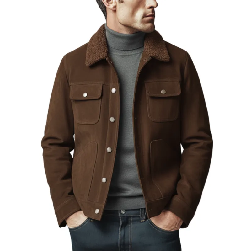 Men's Classic Light Business Fleece Collar Multi-Pocket Faux Suede Jacket MTA0136K8K sold by Manly