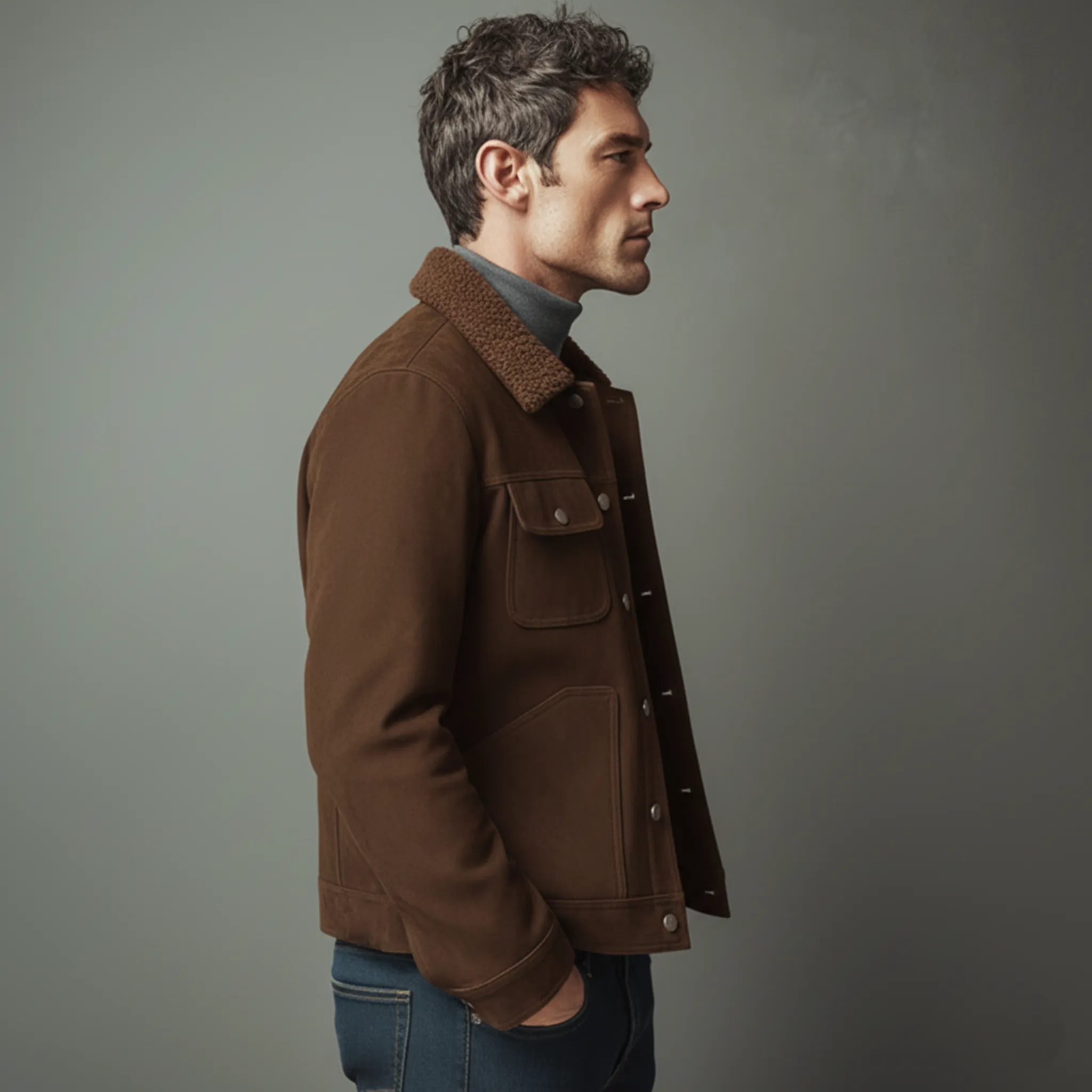 Men's Classic Light Business Fleece Collar Multi-Pocket Faux Suede Jacket MTA0136K8K sold by Manly product image thumbnail 3