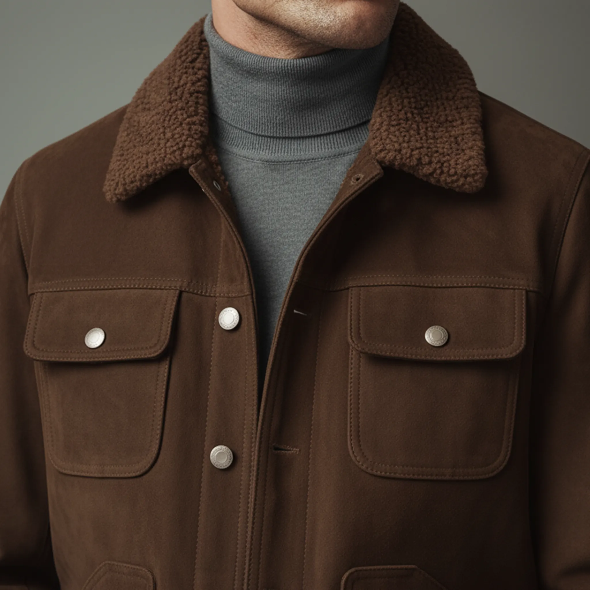 Men's Classic Light Business Fleece Collar Multi-Pocket Faux Suede Jacket MTA0136K8K sold by Manly product image thumbnail 5