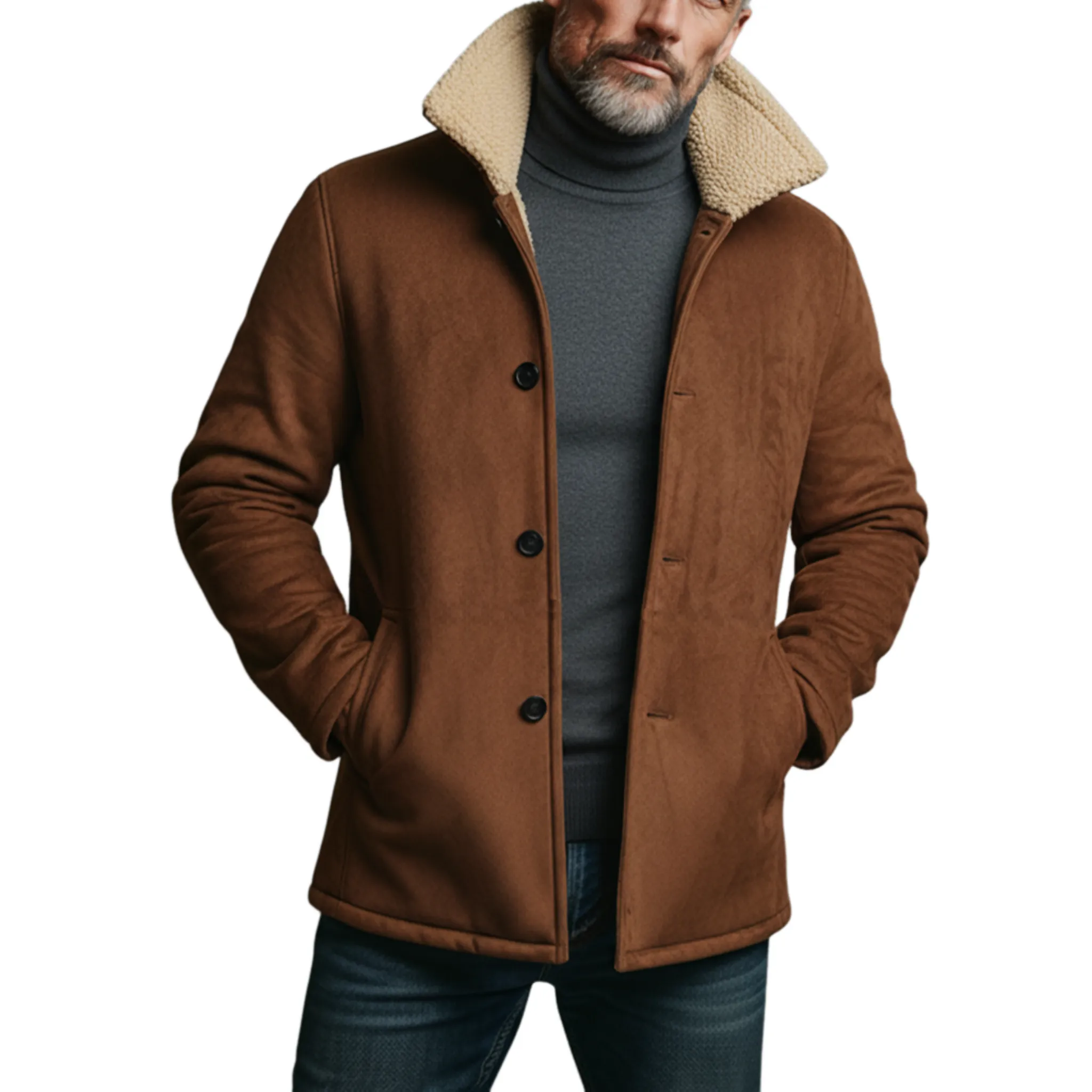 Men's Classic Light Business Fleece Lined And Stand Collar Faux Suede Jacket MTA0320K7K sold by Manly